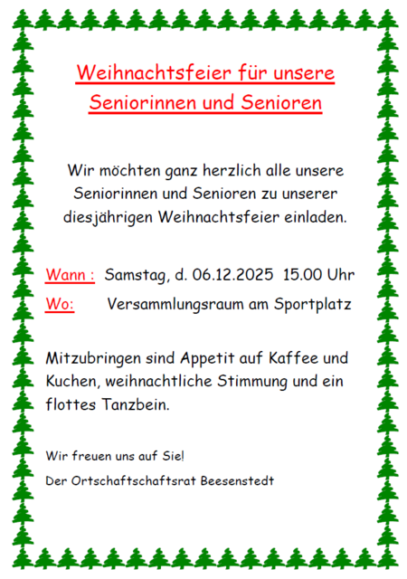 Plakat Einladung zur Seniorenweihnachtsfeier in Beesenstedt 2025