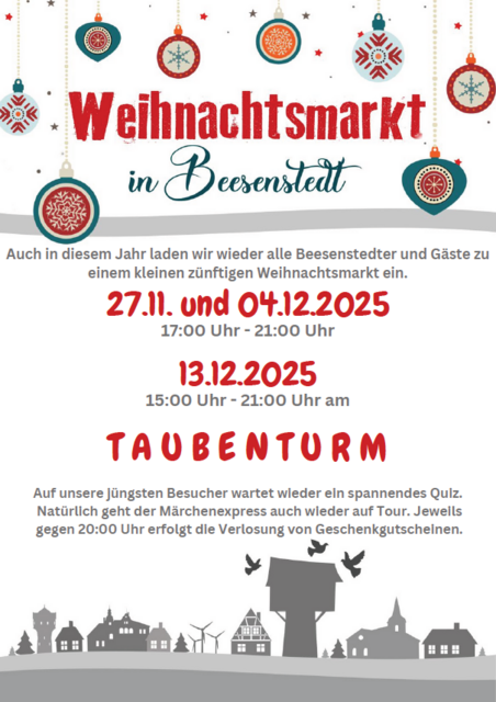 Plakat Weihnachtmarkt in Beesenstedt vom 27.11. bis 13.12.2025