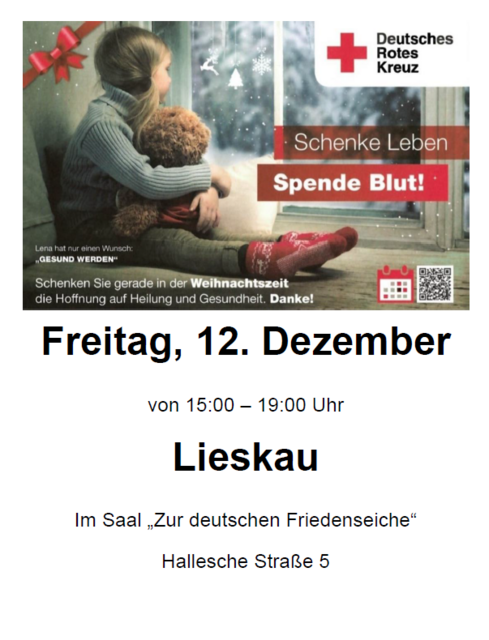 Plakat Blutspende am 12.12.2025 in Lieskau