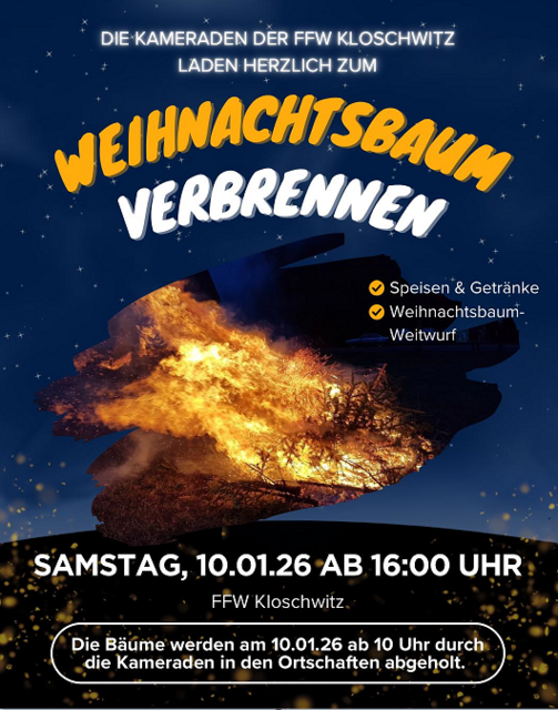 Plakat Weihnachtsbaumverbrennen in Kloschwitz am 10.01.2026