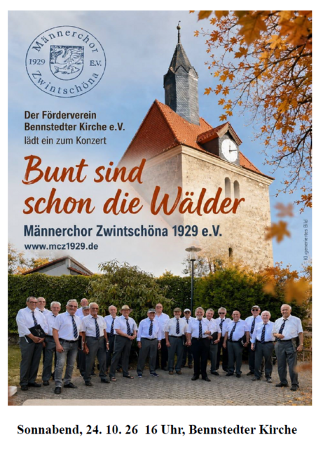 Plakat Konzerteinladung in die Bennstedter Kirche mit dem Männerchor Zwintschöna am 24.10.26
